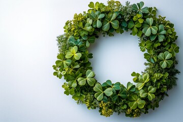 A lush shamrock wreath with detailed greenery, set against a bright background, symbolizing luck and festive spirit.