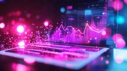 A vibrant digital representation of data analysis, featuring colorful graphs and glowing elements against a dark background.