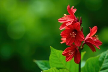 Obraz premium Tall red flowers of Lychnis chalcedonica bloom against a green leafy background, petals, blossom