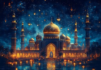 Majestic mosque glowing under a starry night sky

