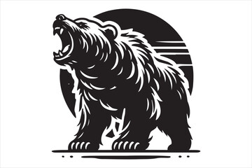 Bold Black and White Illustration of a Roaring Grizzly Bear in Motion


