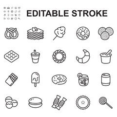 Collection of food and drink icons with sweet taste. Thin line vector. Contains icons such as ice cream, pia, candy, cake and more.