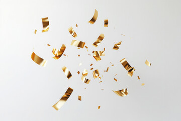 Golden foil confetti thrown up into the air, isolated on white background