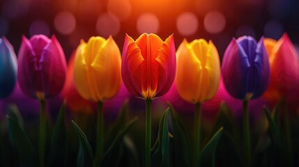 Colorful tulips blooming at sunset, garden bokeh background, spring floral greeting card