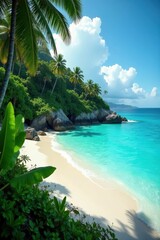 Fototapeta premium Lush jungle meets turquoise sea, white sand beach , lush, tropical beach, holiday