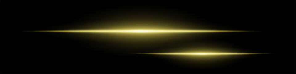 Two horizontal soft yellow light beams glowing on black background. Abstract digital energy effect. Futuristic technology and sci-fi concept for design and wallpaper