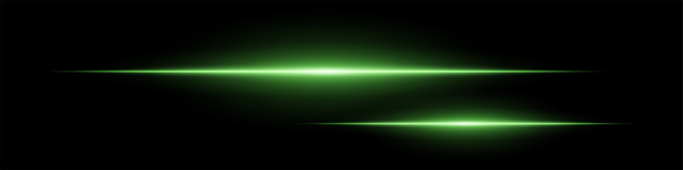 Two horizontal soft green light beams glowing on black background. Abstract digital energy effect. Futuristic technology and sci-fi concept for design and wallpaper