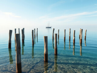 Wooden poles protruding from clear lake with ship on horizon, vessel, water, clear, ship