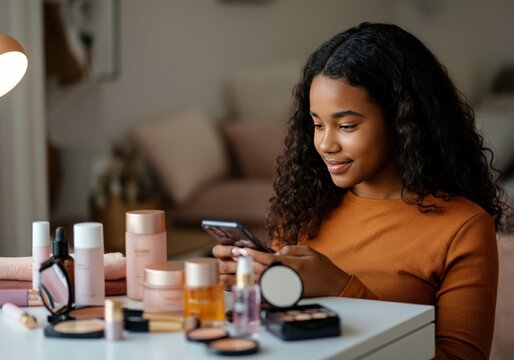 Young woman with curly hair using smartphone at makeup vanity in cozy bedroom - Powered by Adobe