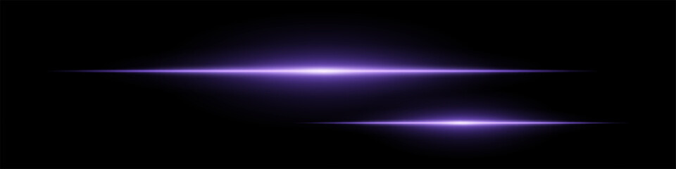 Two horizontal soft purple light beams glowing on black background. Abstract digital energy effect. Futuristic technology and sci-fi concept for design and wallpaper