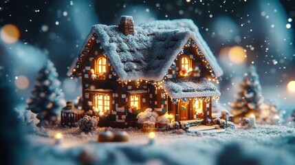 Cozy Winter Cabin with Snow and Holiday Lights in Enchanted Forest