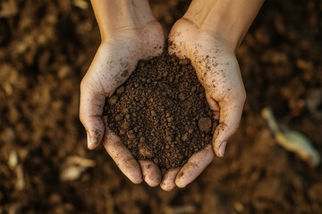 Close-up of hands holding dark, rich organic soil, perfect for gardening and agriculture projects