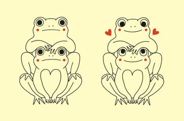 Cute vector illustration set with frogs sitting on each other. Happy and smiling and shocked and sad.  Romantic print design, greeting card template, home or bar wall decoration poster