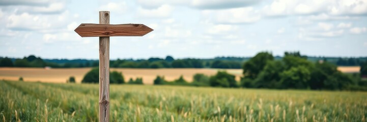 Wooden arrow sign post standing in a field, countryside, path, archery