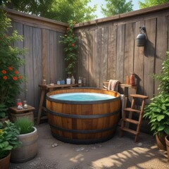 Naklejka premium Wood barrel as a bathtub in a secluded area of the yard, scenery, seclusion