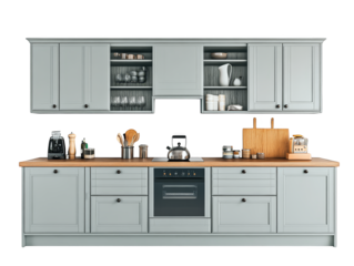 Modern kitchen design with stainless steel sink and countertop, a clean stylish space for culinary creations