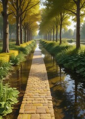Obraz premium Wide yellow brick walkway lined with tall trees and a small pond , nature walkway, pond water, peaceful scene
