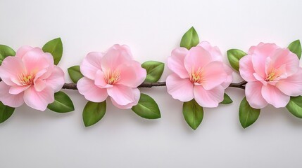 Fototapeta premium Delicate Pink Flowers with Green Leaves on a Light Background