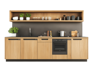 Sleek black stove and warm wooden cabinets in a modern kitchen design modern