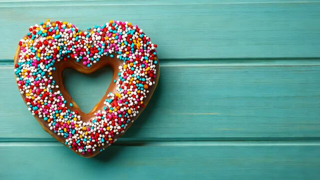 Pink frosted heart food 3d donut and pastel candy hearts scattered on turquoise surface, creating romantic valentine's day composition. love romantic background video 4k