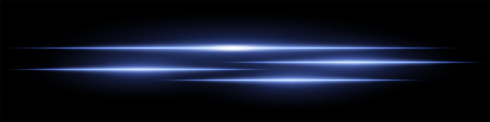 Multiple horizontal soft blue light beams glowing on black background. Abstract digital energy effect. Futuristic speed and technology concept for design and wallpaper