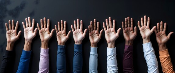 Fototapeta premium Hands Raised in Unity: diverse hands reaching upwards against a dark background, symbolizing unity, equality, and inclusivity. 
