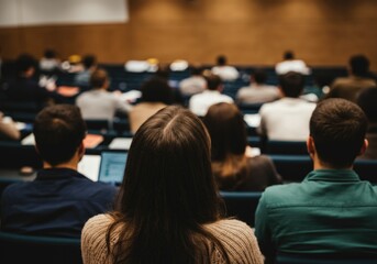 Fototapeta premium University lecture hall with diverse students attentively listening to a presentation in a classroom setting
