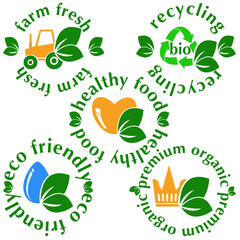 set of green labels for natural eco organic products with green leaves on a white background