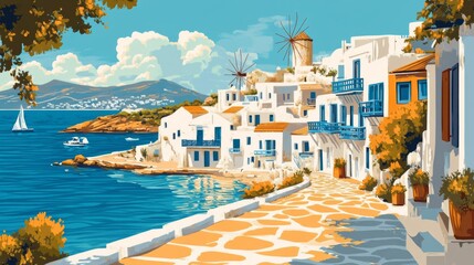 Mykonos Greece Poster Illustration Travel Print Decor Gift Paper Canvas Wall Retro Art