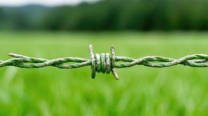 Green barbed wire fence in rural field, nature background