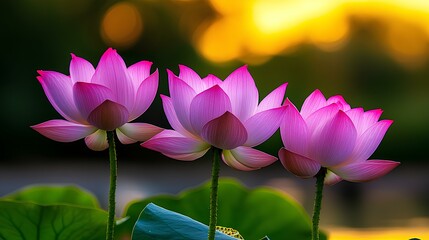 Obraz premium The elegance of blooming lotus flowers floating peacefully on a pond as the sun dips below the horizon.