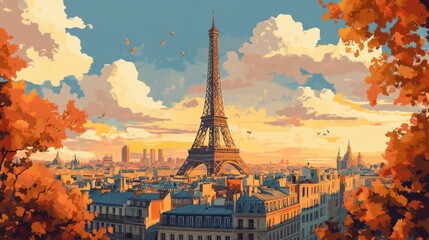 A Paris city view with generic tower at sunset, with calm river reflecting colorful sky