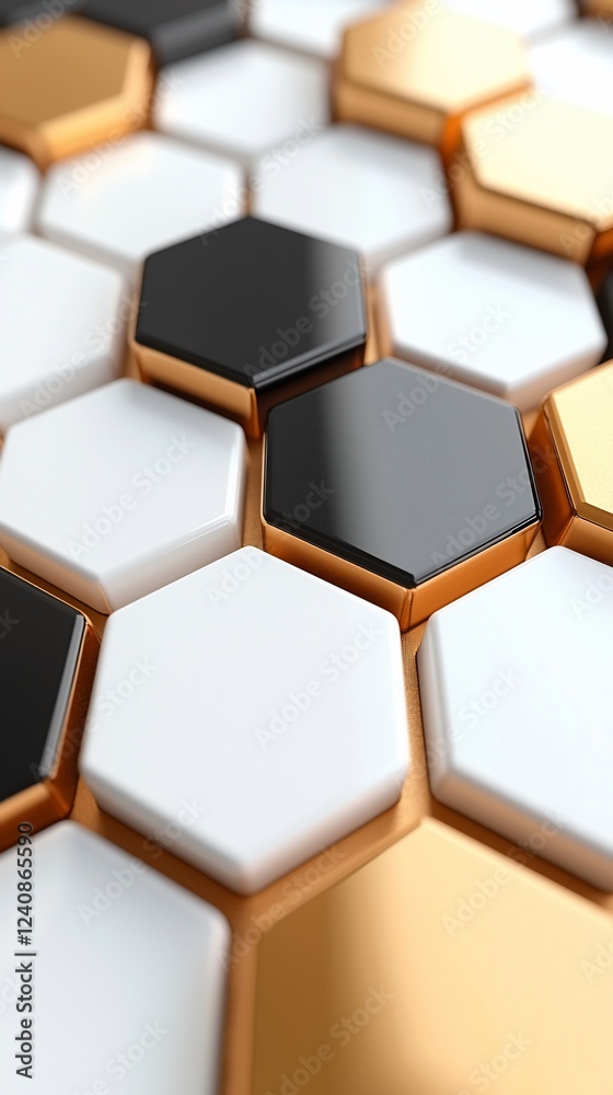 Poster abstract gold, black, white hexagon pattern; geometric background; website design