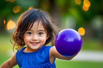 Naklejka premium Adorable Asian child girl with brown hair in a blue dress laughing while playing with a purple ball in the summer park. Copy space.