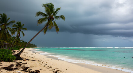 Naklejka premium Tropical Beach Scene Under a Dramatic Stormy Sky: Palm Trees, Turquoise Waters, and a Sandy Shore