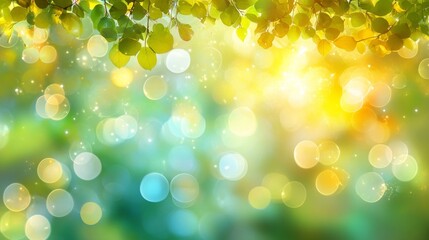 Fototapeta premium Defocused springtime foliage with sparkling bokeh, bright sunshine highlights natural background.