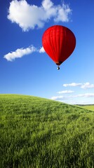 Obraz premium Red Hot Air Balloon Soaring Over Lush Green Field Under a Blue Sky