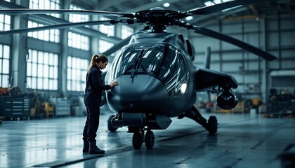 Modern Black Helicopter Inspection by Female Technician