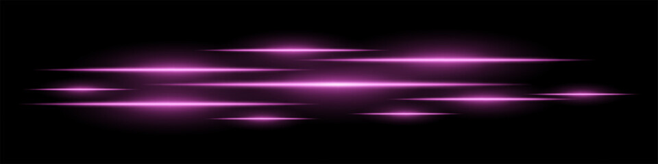 Glowing light streaks on a black background. Horizontal pink light trails creating a motion effect. Abstract speed, energy, and futuristic design element. Digital effects, technology, sci-fi themes
