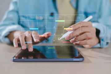 Planning and Scheduling Calendar of meetings, events and activities Time management Notifications and reminders of important events Woman sitting with laptop on work calendar