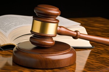 Elegant wooden gavel resting beside an open law book on a polished desk, illuminated by natural light in a modern office setting, emphasizing justice and legal practice.