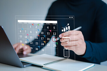 Planning and scheduling meeting calendars, activities, time management, notifications and reminders about important events. User with laptop on work calendar.