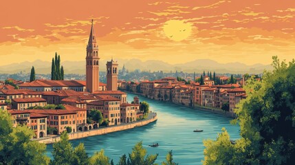 Verona Italy Poster Illustration Travel Print Decor Gift Paper Canvas Wall Retro Art