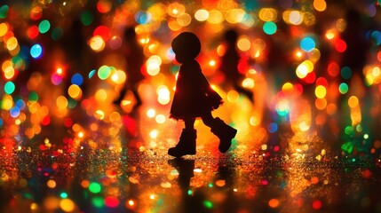 Silhouette of a Child Walking Among Colorful Blurred Lights
