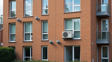 Naklejka premium Modern Brick Building with Multiple Windows and AC Unit