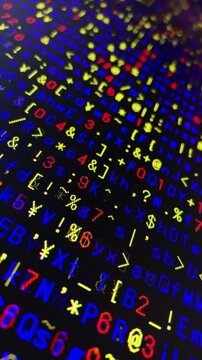 三原色・コンピュータ空間のランダムな文字列・さまざまな文字を含むデータベース・エンコードされたプログラム内のデータセット・数学的計算・大規模言語モデル・機械翻訳・英数字記号・縦長・ビデオ
