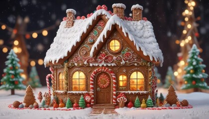 Fototapeta premium Whimsical gingerbread house with icing snow and festive decorations, icing, sweet treats