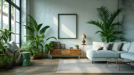 Modern Living Room Tropical Plants and Wooden Furniture, Cozy Sofa for Palm Decor Style.