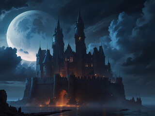 Fototapeta premium Majestic Gothic Castle Under a Full Moon, enchanting castle silhouetted against a dramatic sky