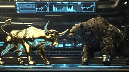 Golden bull vs. Metallic bear market dynamics unveiled in futuristic financial arena digital stock exchange 3d rendered illustration technological environment close-up perspective economic concept
